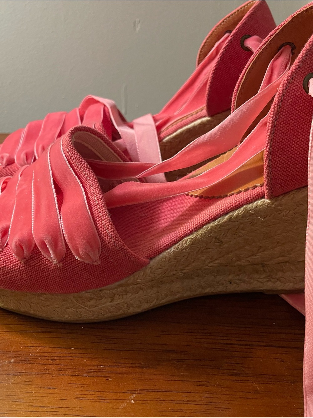 Penelope Chilvers Coral-Pink Espadrille Wedge Sandals with Satin Ties